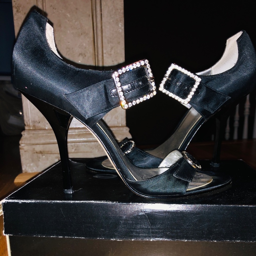 Classy Bebe special occasion/evening  heels size 10 black w/rhinestone buckles.